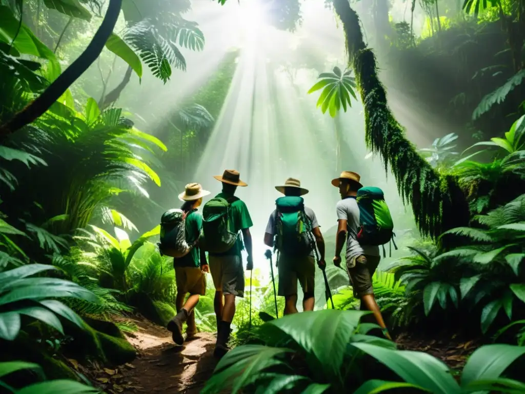 Exploradores en la jungla: aventura en isla remota Grupo de exploradores con equipamiento para explorar islas remotas, adentrándose en selva tropical exuberante y vibrante