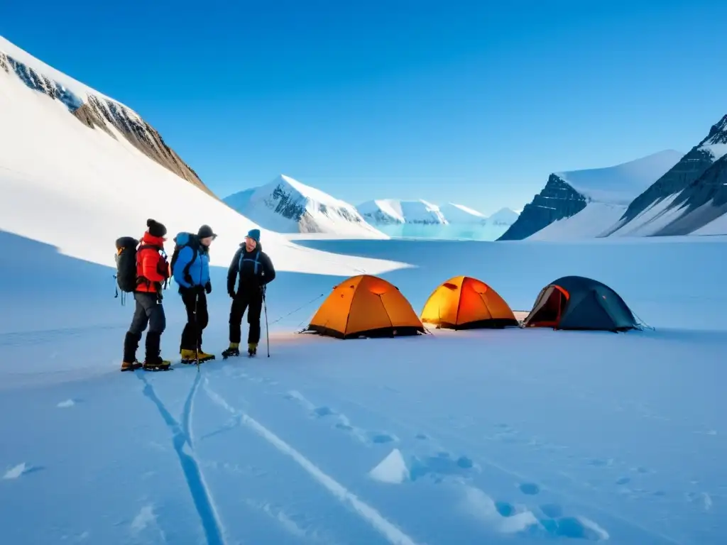 Exploradores en Svalbard: Campamento invernal Grupo de exploradores con equipo necesario para expedición Svalbard, disfrutando de una escena invernal deslumbrante en el paisaje nevado de Svalbard