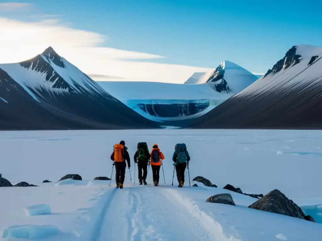 Expedición invernal en Svalbard: exploradores preparados Grupo de exploradores con equipo necesario para expedición Svalbard, enfrentando el gélido paisaje ártico