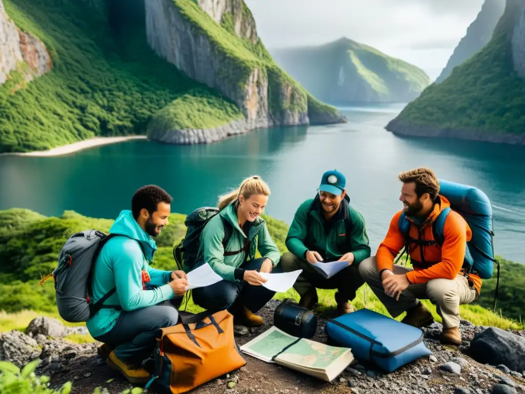 Preparación meticulosa para la expedición a la isla desconocida Grupo de exploradores preparando sus equipos para una expedición a una isla remota, con emoción y meticulosidad