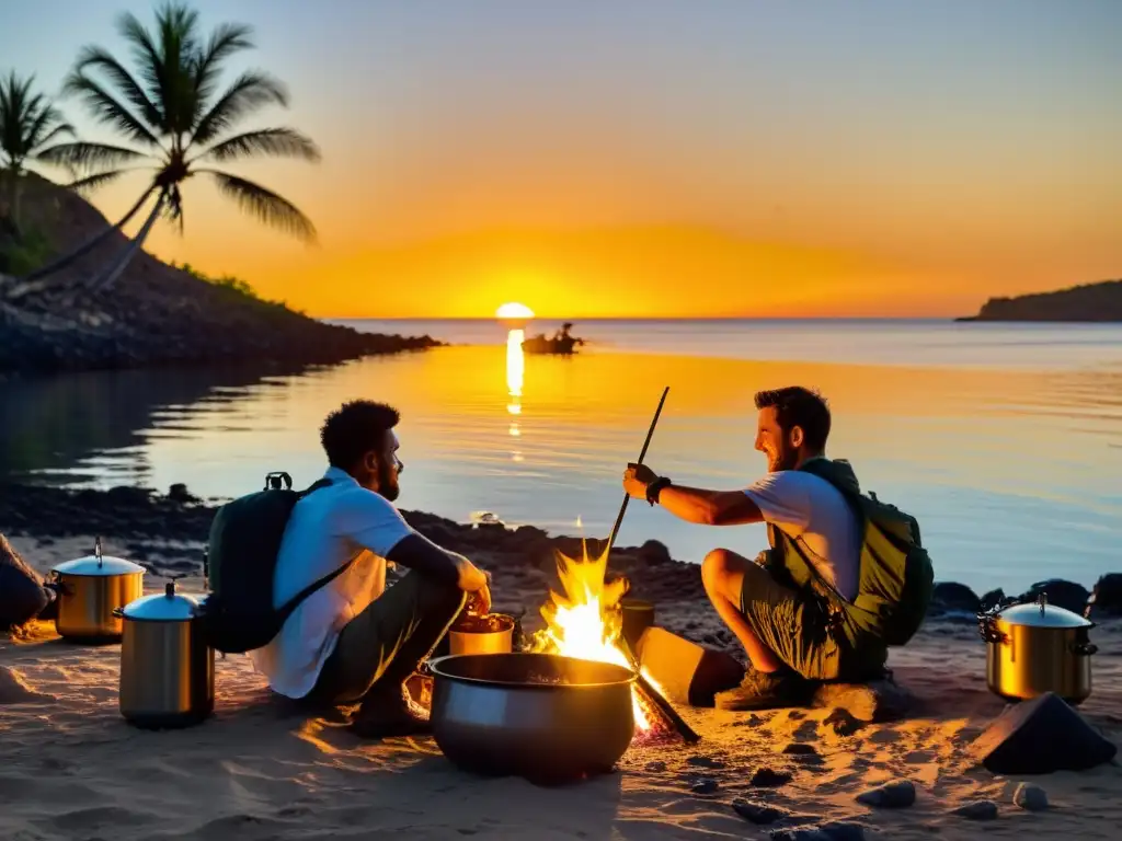 Exploradores disfrutan la isla: supervivencia y camaradería Grupo de exploradores cocinando en fogata en isla remota