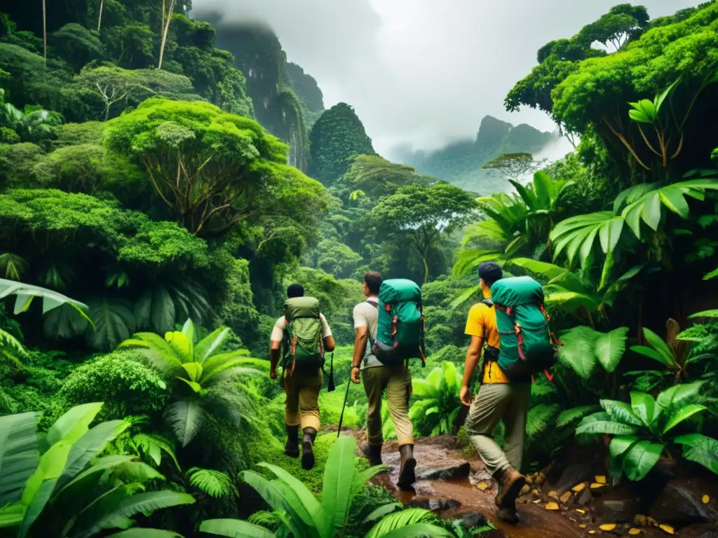 Expedición en la selva: exploradores en la isla salvaje Grupo de exploradores en jungla exuberante, preparándose para viaje a islas remotas
