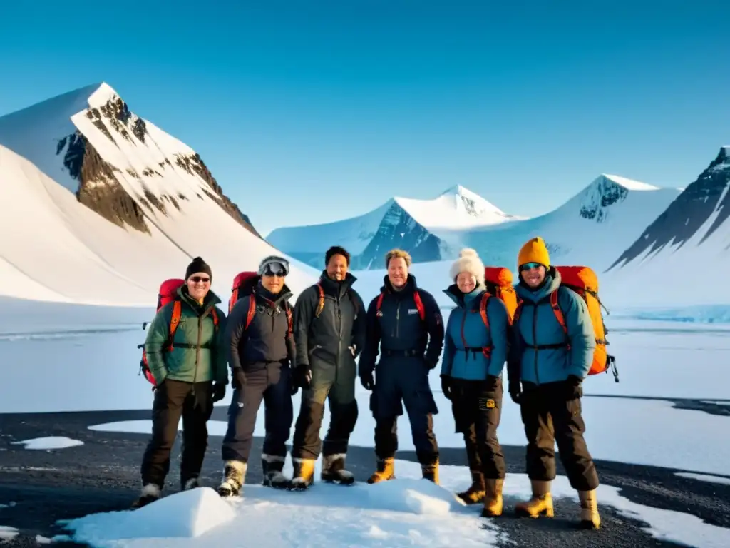 Expedición invernal en Svalbard: Preparados para desafíos extremos Grupo de exploradores listos con equipo necesario para expedición Svalbard, preparándose para desafiar el terreno helado y las montañas nevadas