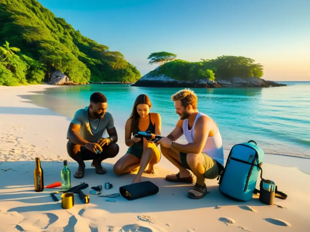 Exploradores desempaquetando multi-herramienta al atardecer en isla remota Un grupo de exploradores desempacando su multiherramienta en una remota playa isleña al atardecer