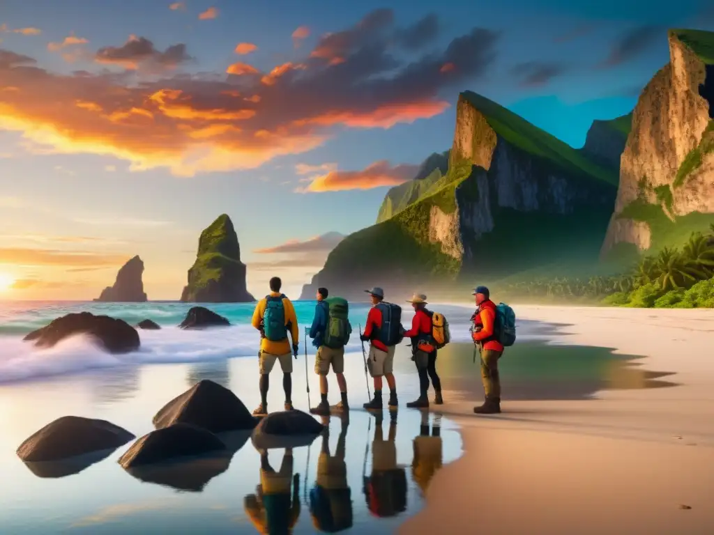Exploradores listos para la aventura en una isla remota Grupo de exploradores en una playa remota, listos para su expedición a una isla exótica al atardecer