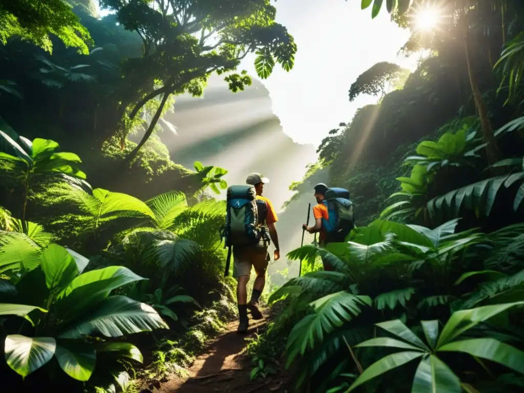 Expedición a Islas Remotas: Aventura en la Selva Tropical Un grupo de exploradores atraviesa una selva tropical densa en busca de islas remotas, evocando aventura y desafío