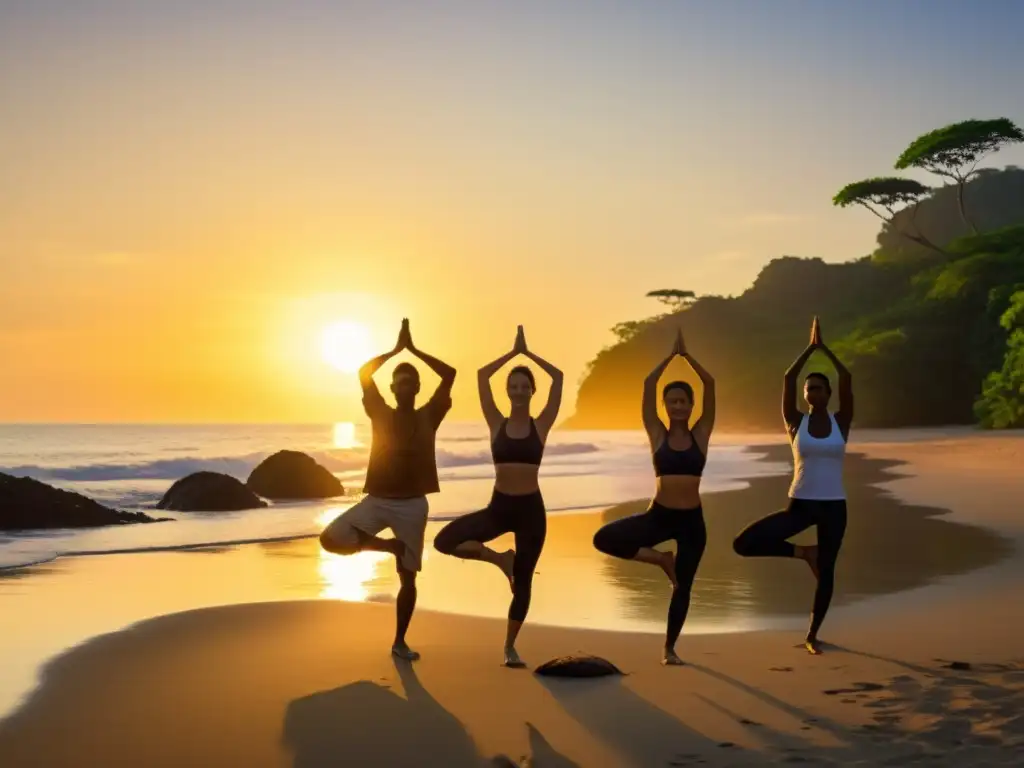 Exploradores en yoga al amanecer en una playa remota Grupo de exploradores haciendo yoga al amanecer en una playa remota, preparándose físicamente para viajes a islas remotas