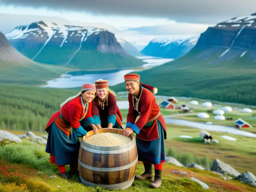 Rituales ancestrales: Fermentación de bayas Sami en Finnmark Un grupo de Sami en Finnmark fermentando bayas para Sima, bebida tradicional en islas remotas
