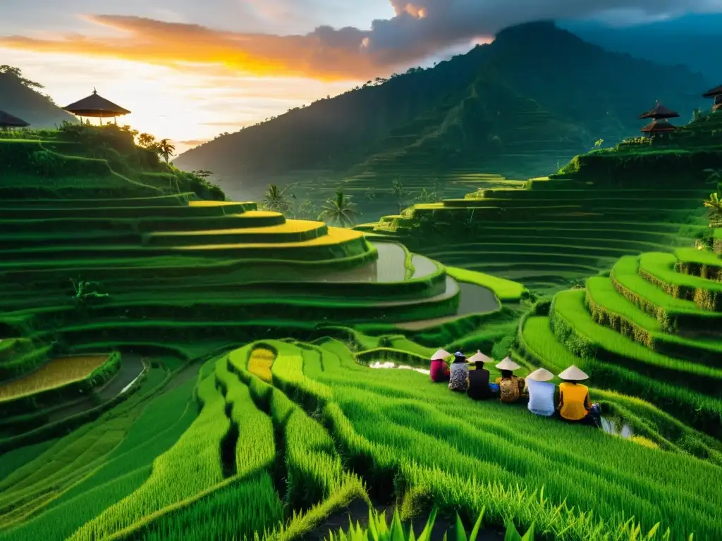 Fotógrafos capturando el atardecer en terrazas de arroz en Bali Grupo de fotógrafos capturando la mágica puesta de sol sobre los exuberantes campos de arroz de Bali