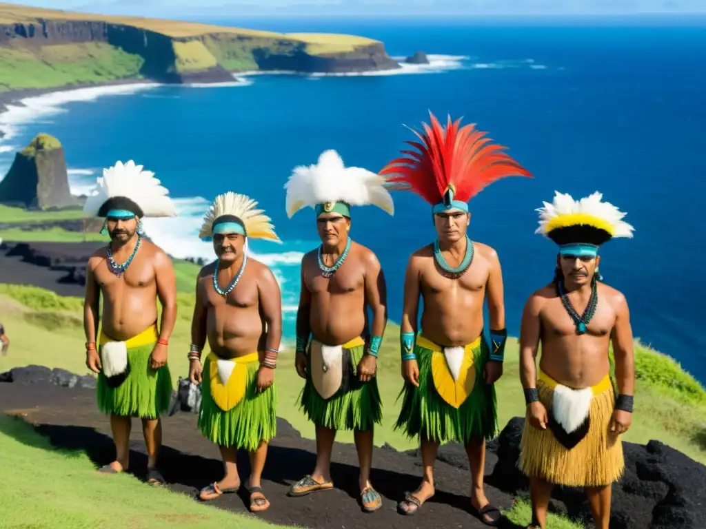 Ceremonia del Tangata Manu: Rapa Nui en acantilado Grupo de hombres Rapa Nui con atuendos de pájaro ancestral en acantilado Isla Pascua, rituales ancestrales ceremonias