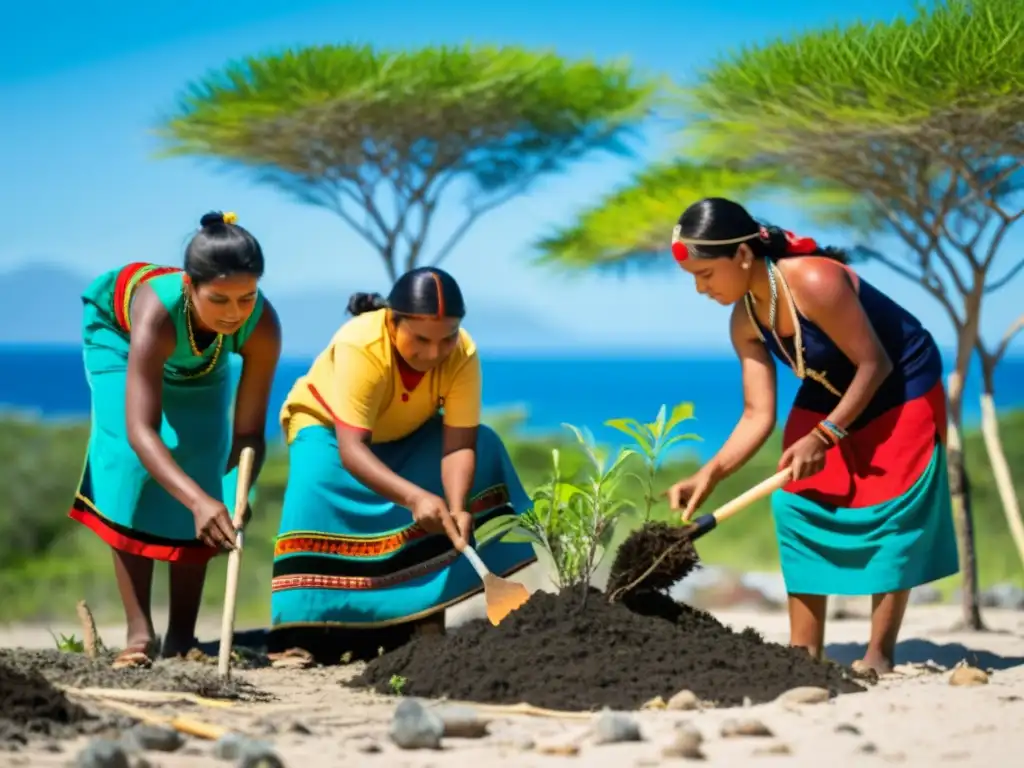 Reforestación ancestral en isla remota Grupo indígena restaurando hábitat natural en isla remota, integrando sabiduría ancestral en conservación