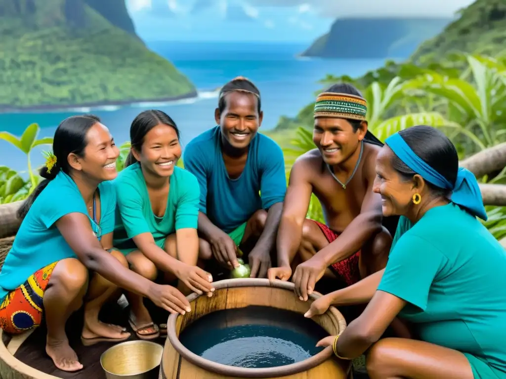 Rituales de fermentación: Indígenas elaborando brebaje ancestral Un grupo de indígenas en una isla remota fermentando una bebida local, rodeados de exuberante vegetación y el océano