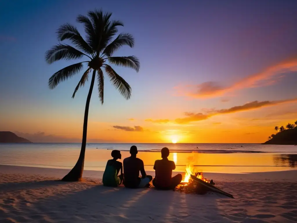 Narraciones junto al fuego: Comunidad isleña en atardecer tropical Grupo de isleños junto a fogata en playa remota, contando relatos cortos vida islas remotas al atardecer tropical