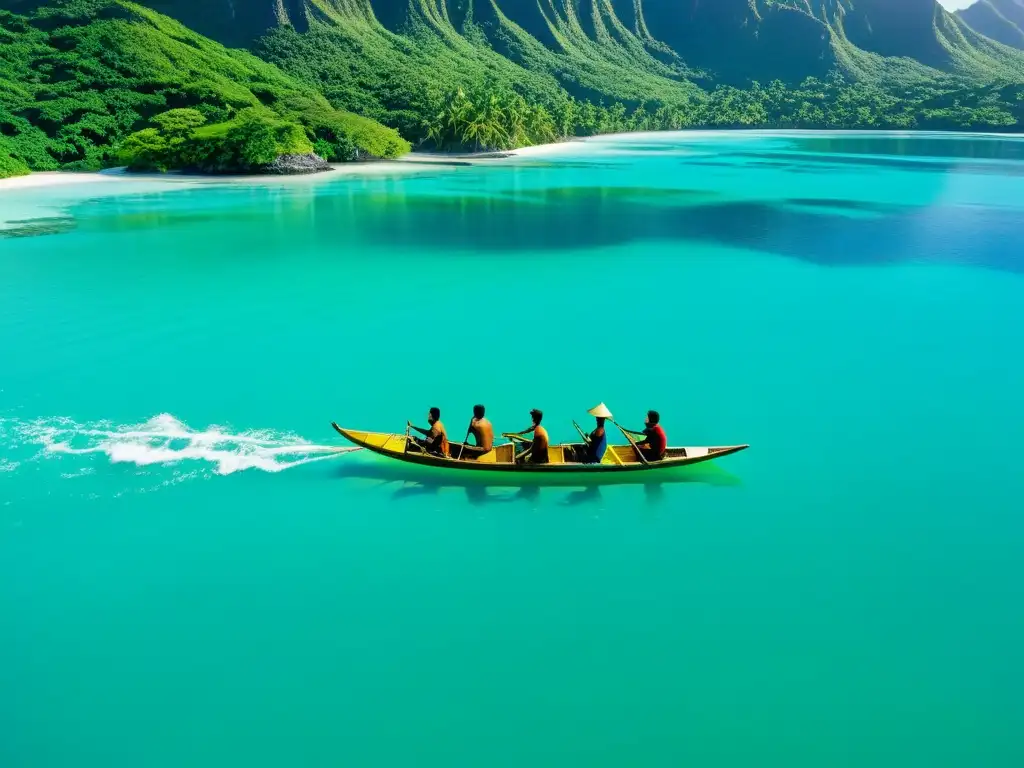 Canotaje tradicional en aguas turquesas Un grupo de isleños locales navega habilidosamente su canoa tradicional en aguas turquesa cristalinas, con montañas verdes de fondo
