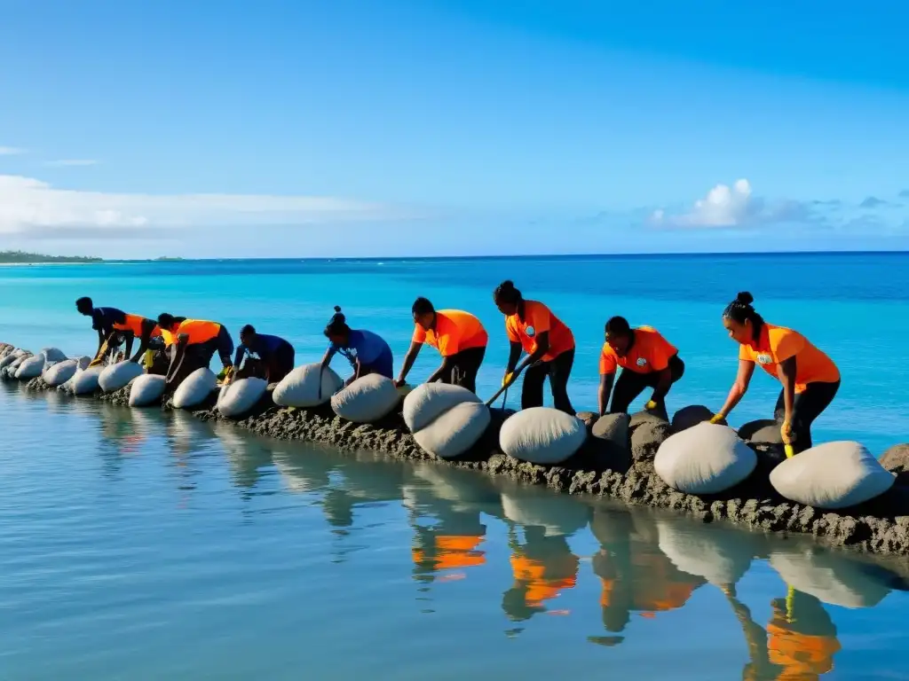 Comunidad isleña construyendo un dique para protegerse del mar Un grupo de isleños del Pacífico construye un muro de contención para proteger su comunidad de la subida del nivel del mar