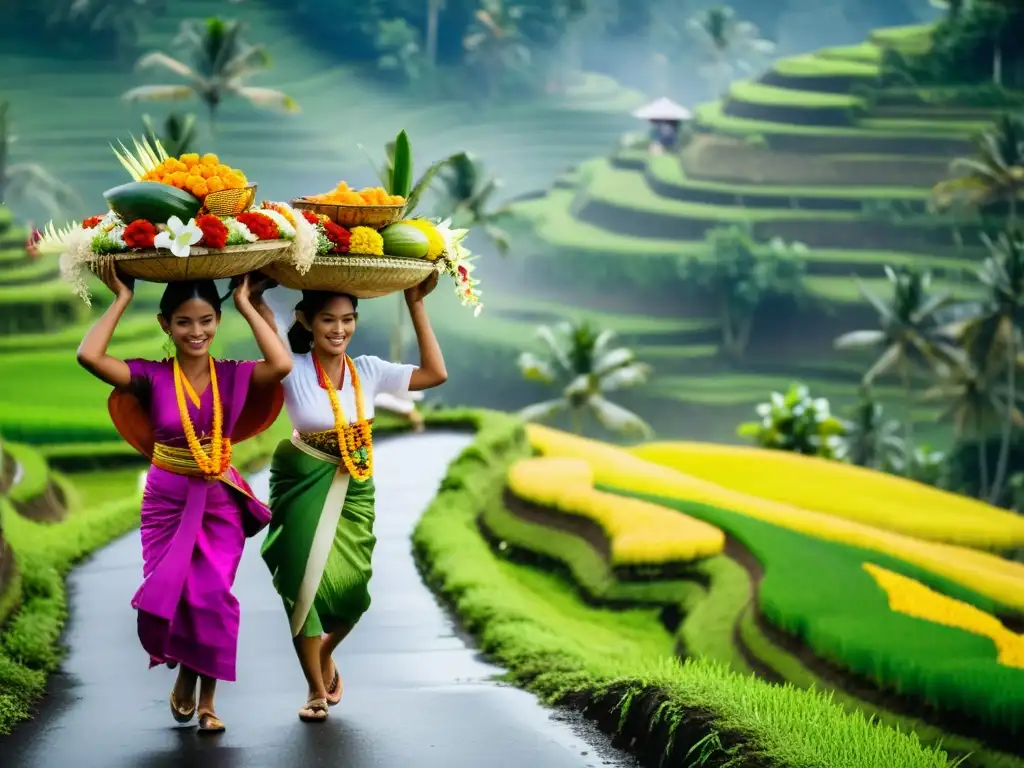 Mujeres balinesas llevando ofrendas en ceremonia religiosa Grupo de mujeres balinesas llevando ofrendas en una ceremonia religiosa tradicional con paisaje de arrozales y palmeras