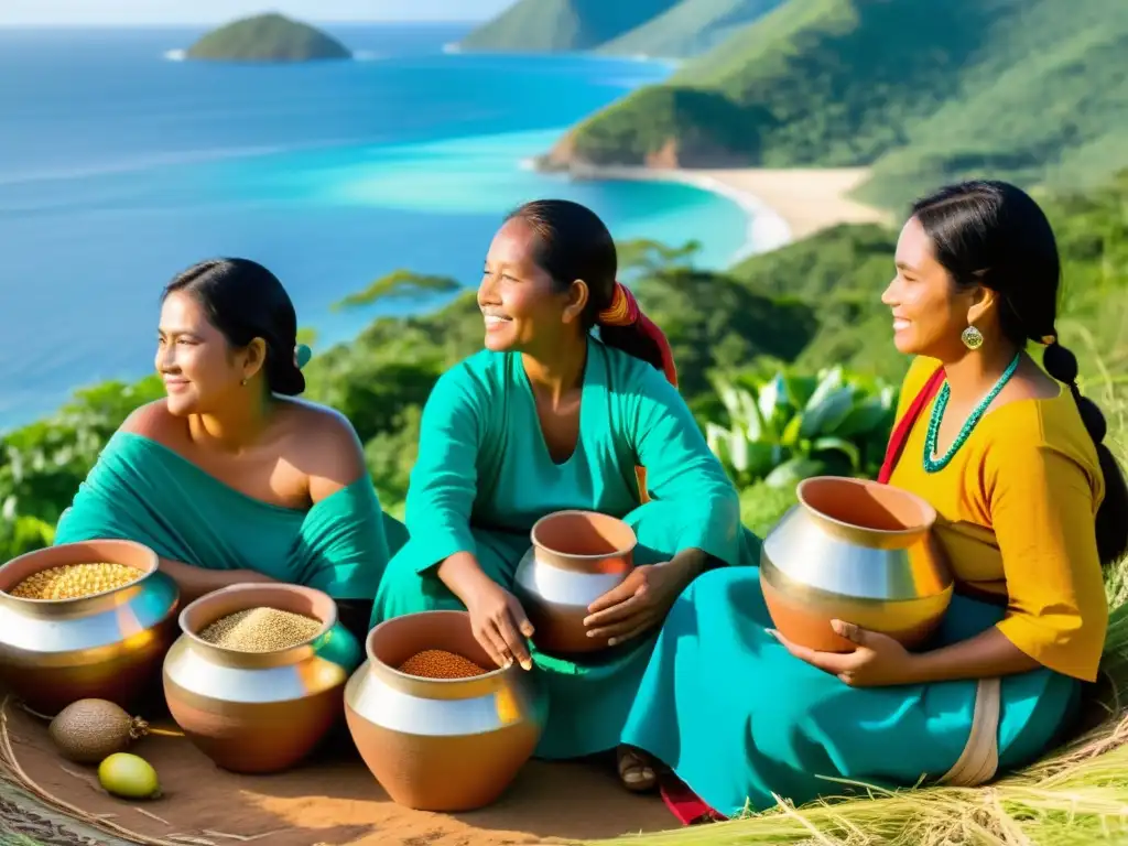 Indígenas expertas en fermentación en isla remota Grupo de mujeres indígenas fermentando bebidas en islas remotas, rodeadas de frutas y granos, con vista al mar turquesa