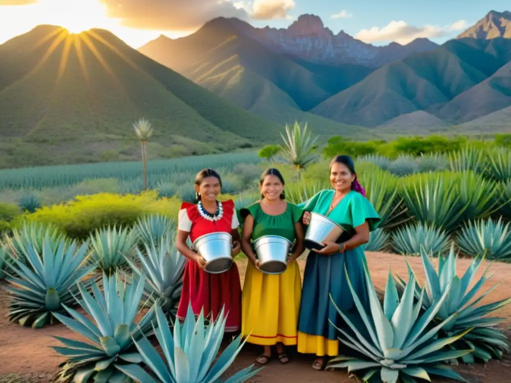 Producción ancestral de pulque en Janitzio Un grupo de mujeres indígenas con vestidos coloridos tradicionales en una isla remota, preparando bebidas fermentadas entre agaves al atardecer