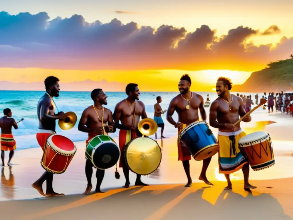 Concierto playero al atardecer en Santo Tomé y Príncipe Grupo de músicos tocando música tradicional de Santo Tomé y Príncipe en la playa al atardecer, creando una atmósfera vibrante y colorida