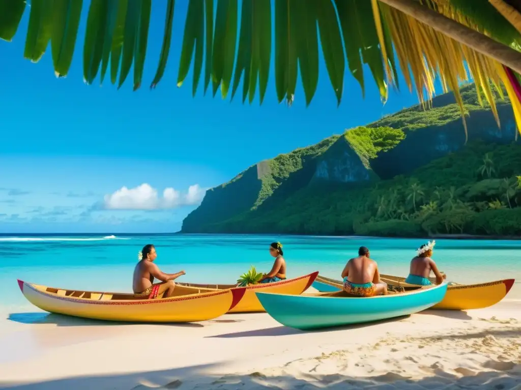 Preparación de canoas tradicionales en Niue: belleza cultural y natural Grupo de niueños preparando canoas tradicionales en la costa, con aguas turquesas de fondo