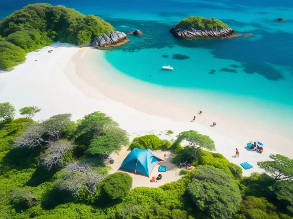 Exploradores montan campamento en isla paradisíaca Un grupo de personas monta un campamento en una isla remota