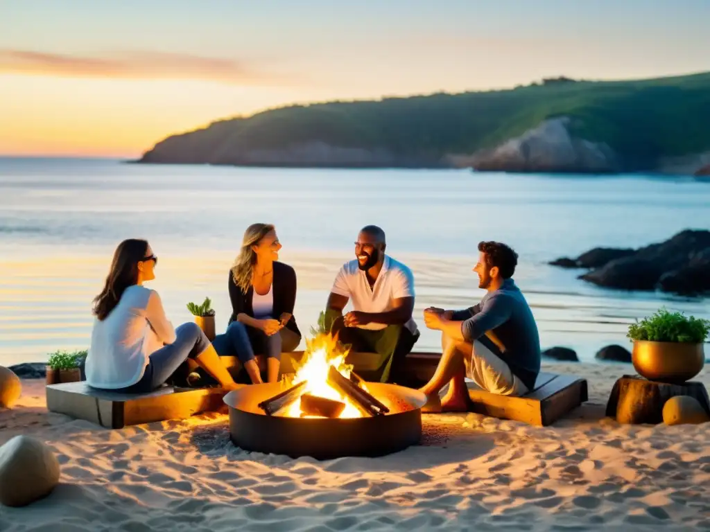 Brasas al atardecer: Cocina al aire libre en la playa Un grupo de personas disfruta de la cocina al aire libre en una isla remota, preparando mariscos y verduras a la parrilla al atardecer junto al mar