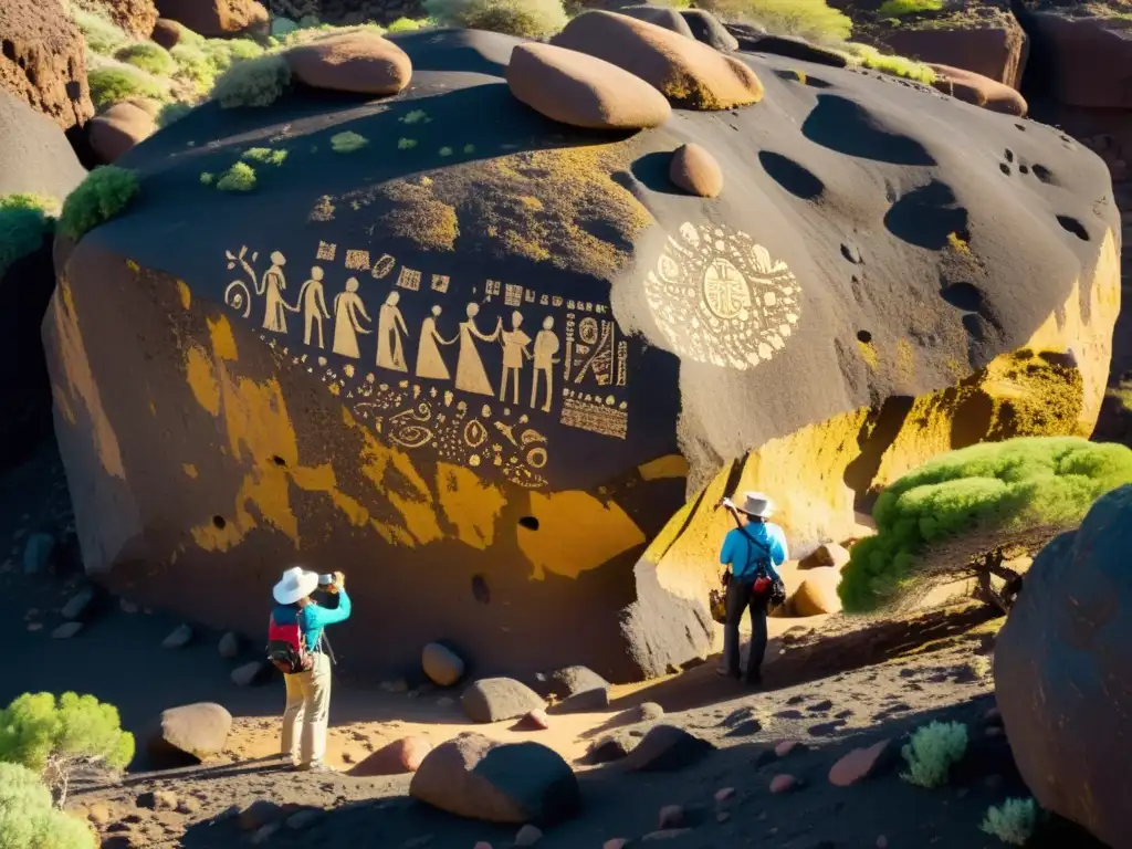 Exploración de petroglifos en Canarias: descubriendo la historia Grupo explorando petroglifos en las Islas Canarias, guiados por experto