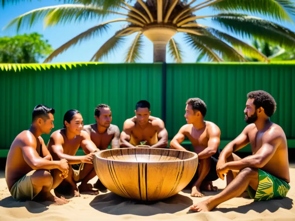 Rituales del kava: fermentación en Polinesia Grupo polinesio fermentando kava bajo palmera en islas remotas