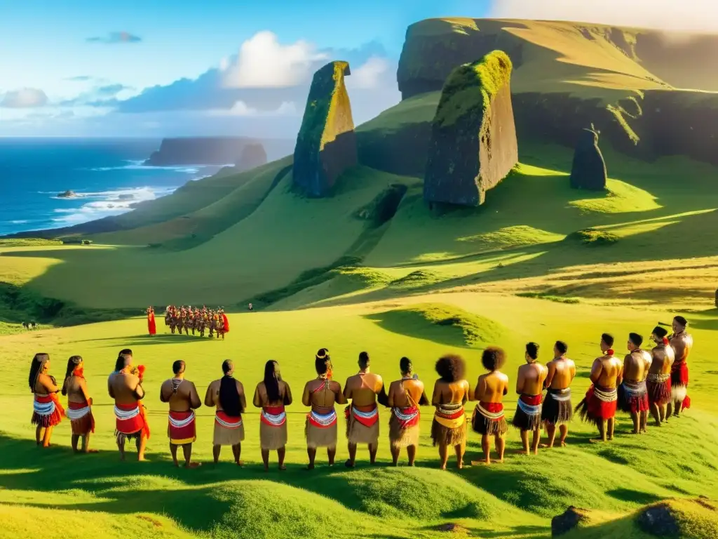 Ritual ancestral Rapa Nui en Rano Raraku: tradición viva Grupo Rapa Nui realiza ritual ancestral en Rano Raraku, Isla Pascua, con Moai de fondo