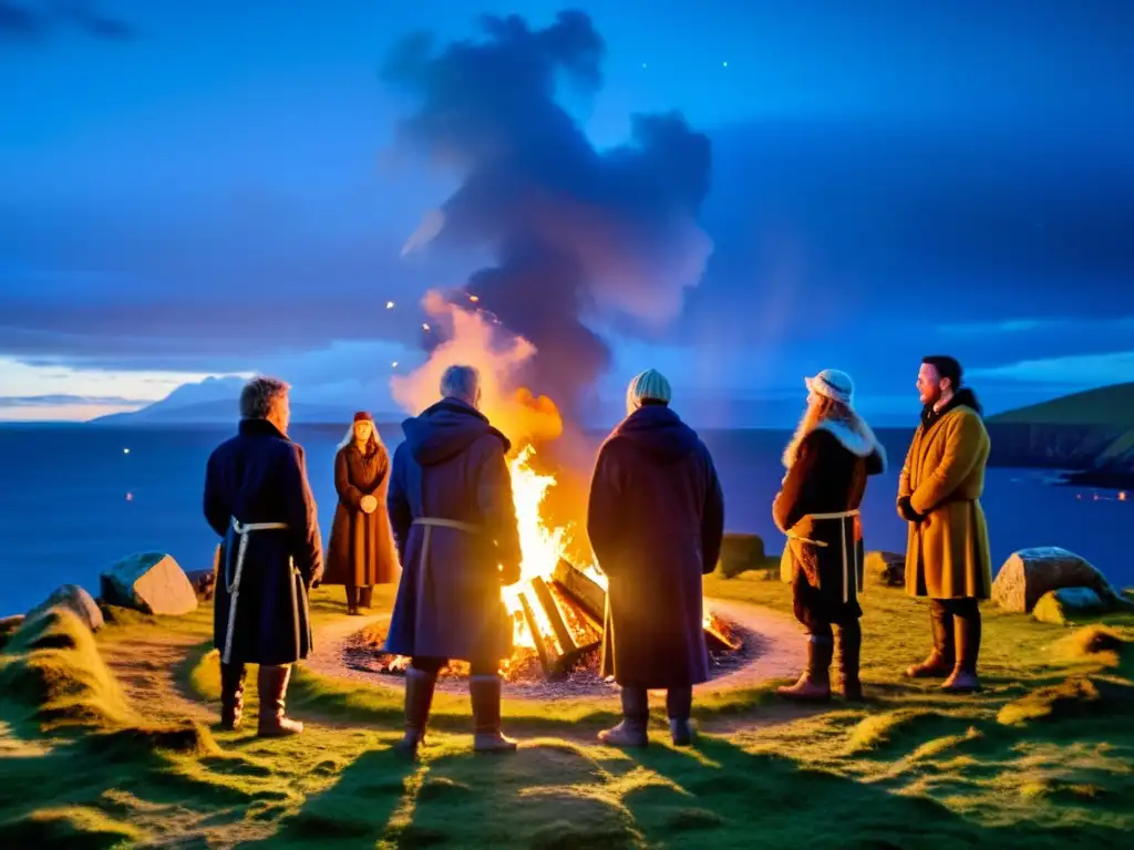 Ritual pagano en la costa de las Islas Shetland Grupo celebrando el solsticio con tradición pagana en las Islas Shetland, rodeados de fuego, estrellas y auroras