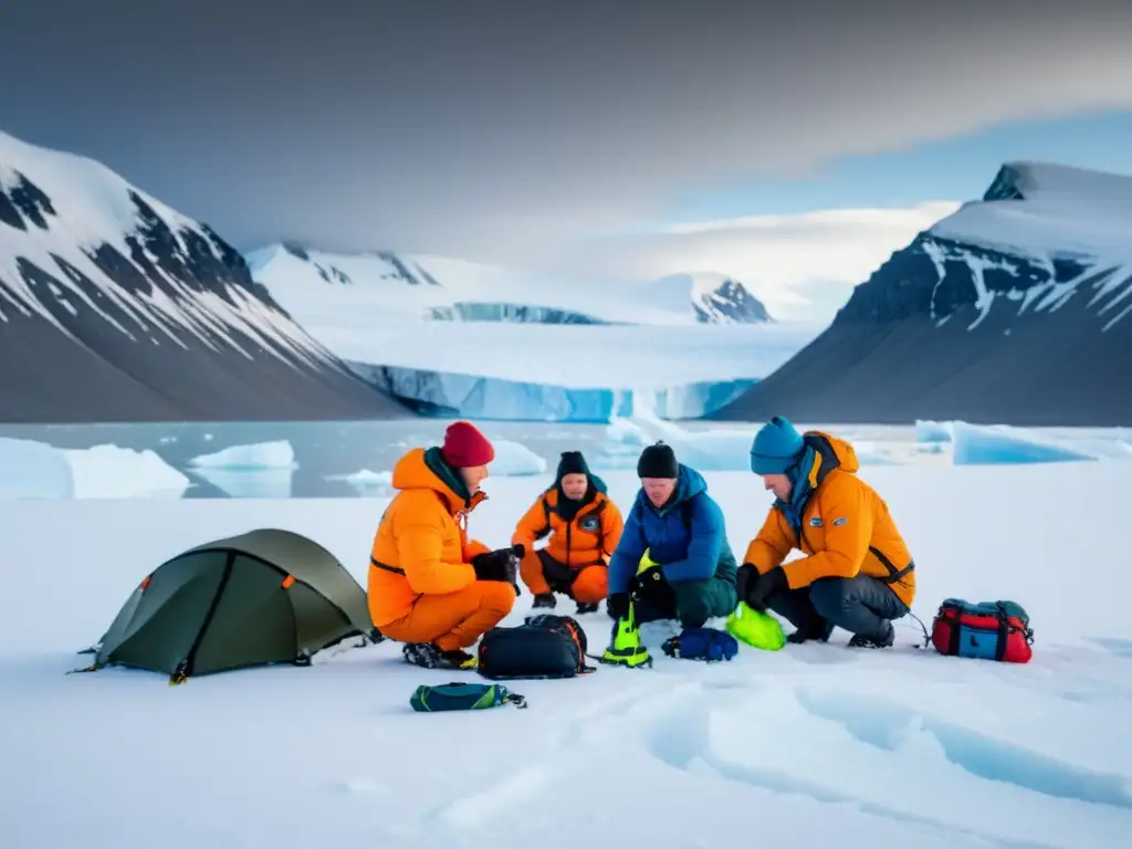 Preparación intensa para expedición en Svalbard Grupo de expedición en Svalbard, preparando equipo necesario para expedición Svalbard, rodeados de montañas nevadas y icebergs