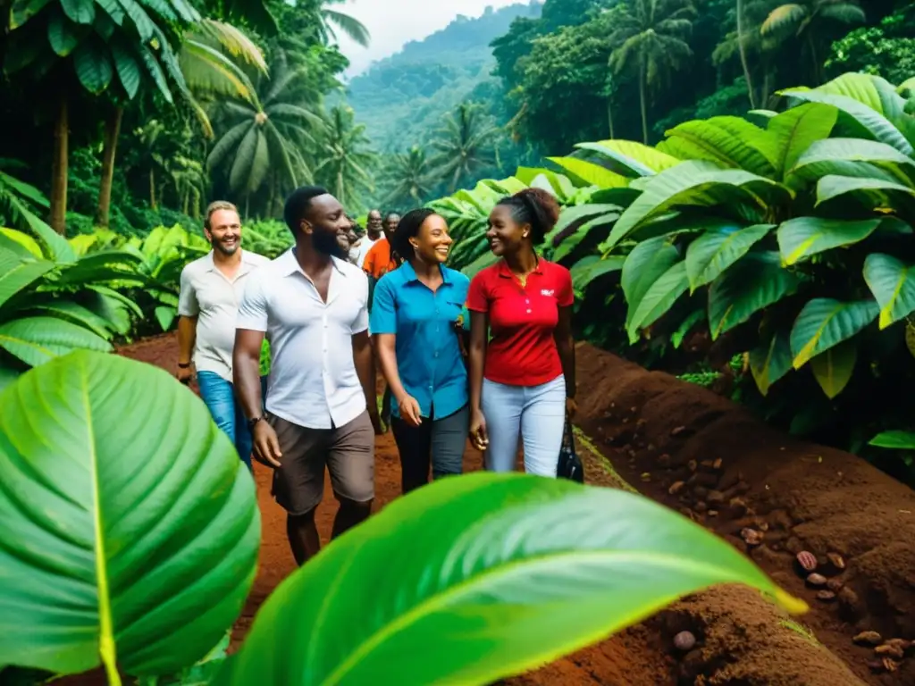 Grupo de turistas recorriendo plantaciones de cacao en São Tomé, guiados por un experto local