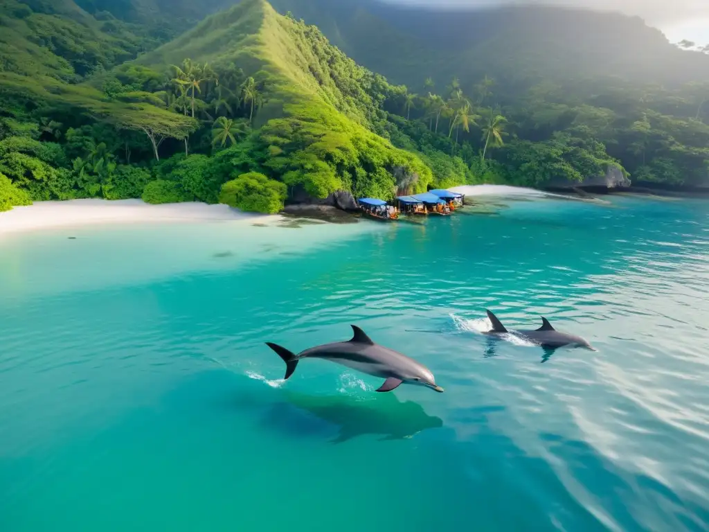 Encuentro mágico: Observación respetuosa de delfines en isla biodiversa Grupo de turistas observa con respeto a delfines en isla biodiversa