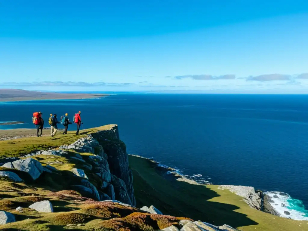 Explorando la costa de las Islas Malvinas Grupo planificando viaje a las islas Malvinas, con vista panorámica del paisaje remoto y colonia de pingüinos en la costa rocosa