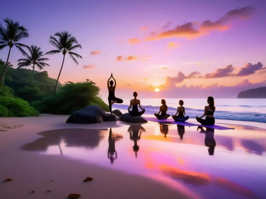 Yoga al amanecer: serenidad en la playa tropical Grupo practicando yoga al amanecer en playa solitaria, con mar y selva de fondo