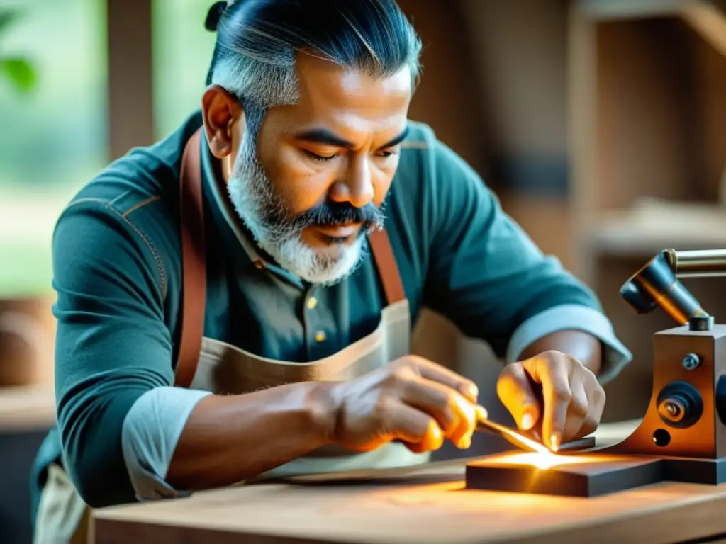 Artesano experto creando equipo duradero con maestría Un hábil artesano confecciona equipamiento duradero, mostrando su destreza y dedicación en cada detalle