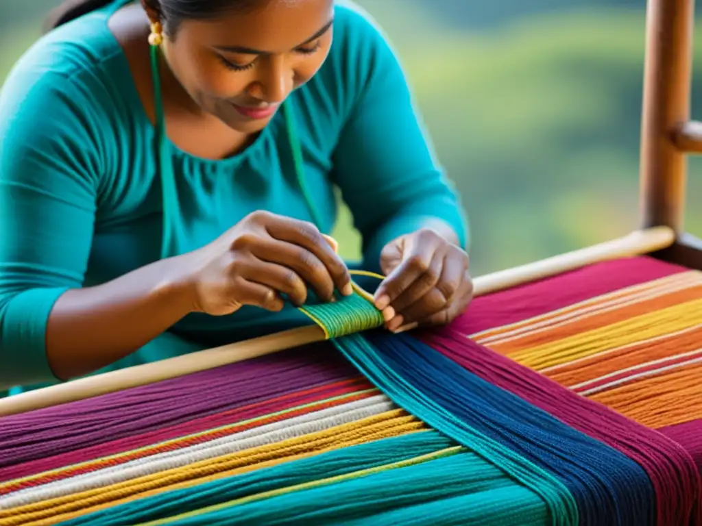 Artesano tejiendo tela colorida con destreza Un hábil artesano teje con esmero hilos coloridos en un telar, inspirado por la cultura de las islas lejanas