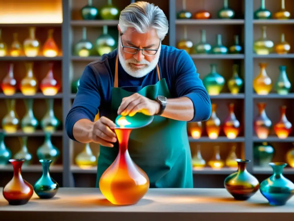 Maestro vidriero de Murano moldea un fascinante jarrón Un hábil soplador de vidrio en Murano, Venecia, da forma a un intrincado y colorido jarrón