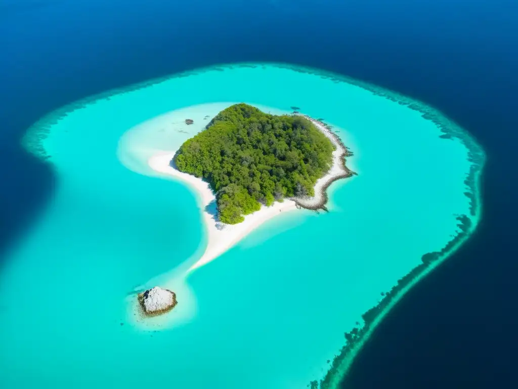 Island Oasis: Impacto de la Filtración del Agua Hermosa isla remota con aguas cristalinas y zonas contaminadas, resaltando la importancia del filtrado de agua para destinos remotos