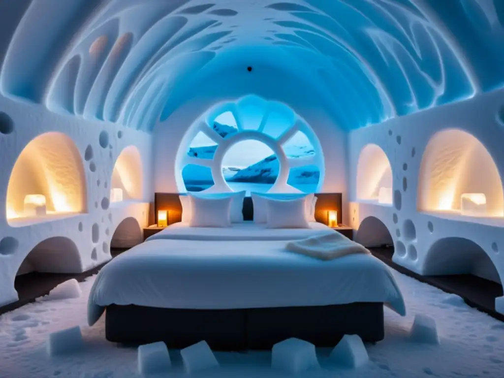 Hotel de hielo: una experiencia única bajo las estrellas polares Dormir en hielo en islas polares: hotel de hielo con diseños intrincados y suaves luces, en un paisaje polar espectacular
