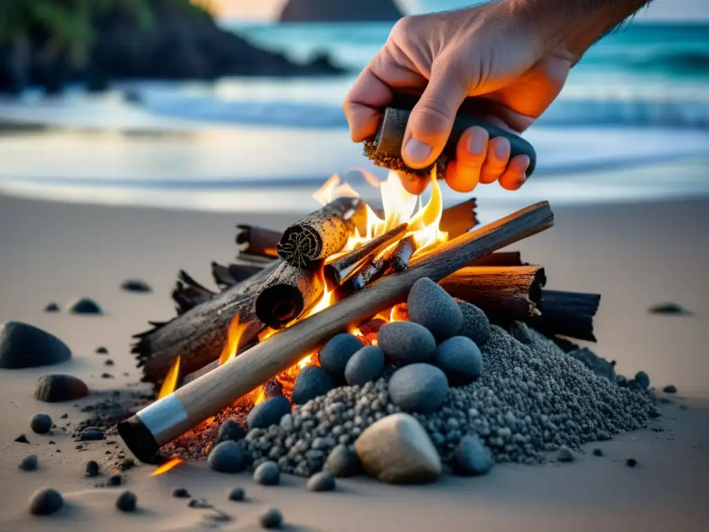 Mano hábil encendiendo fuego en playa remota Un hombre experto enciende fuego en una playa remota, mostrando la supervivencia en islas remotas