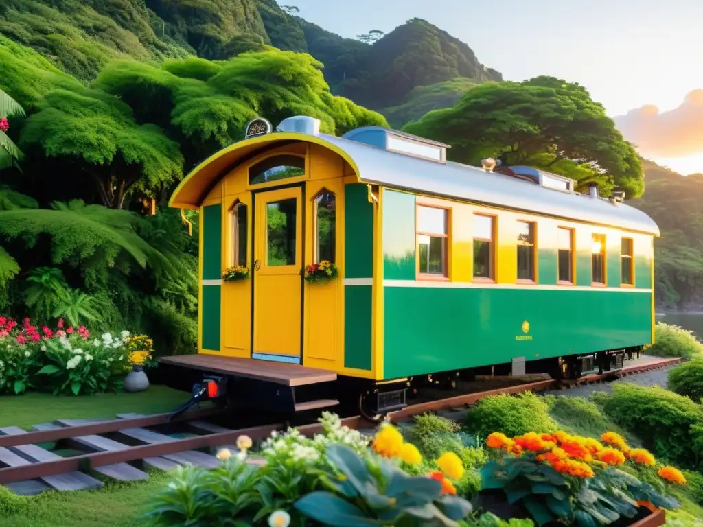 Acogedora cabaña de tren vintage en isla remota Hospedaje nostálgico en islas remotas: Carro de tren vintage convertido en alojamiento acogedor, rodeado de naturaleza exuberante al atardecer