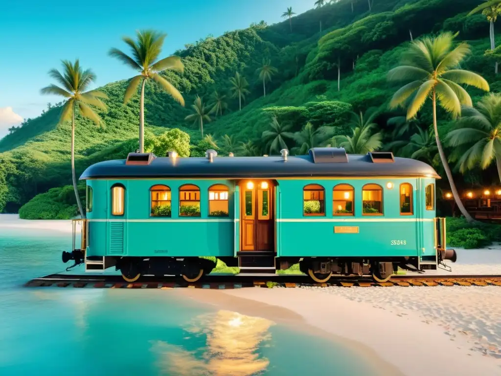 Refugio nostálgico en isla paradisíaca Hospedaje nostálgico en islas remotas: un vagón de tren vintage convertido en acogedora habitación, rodeado de naturaleza exuberante y una playa paradisíaca al atardecer