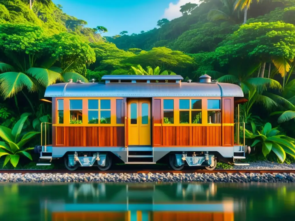 Refugio tropical en vagón de tren vintage Hospedaje nostálgico en islas remotas: un vagón de tren vintage convertido en acogedor alojamiento entre exuberante vegetación tropical, bañado por la cálida luz del sol y el resplandor del océano