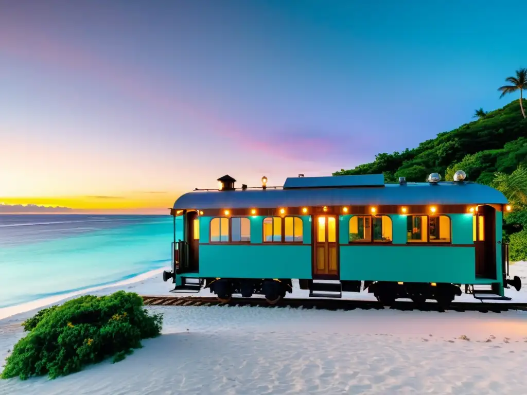 Refugio nostálgico: Tren vintage en isla remota Hospedaje nostálgico en islas remotas: Un encantador vagón de tren convertido en alojamiento, rodeado de aguas turquesas y atardecer colorido