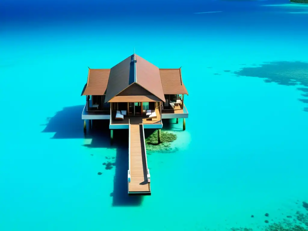 Hotel flotante de lujo en paraíso tropical Un hotel flotante de lujo en una remota isla, con aguas turquesas cristalinas, villas sobre el agua y una atmósfera de exclusividad y serenidad