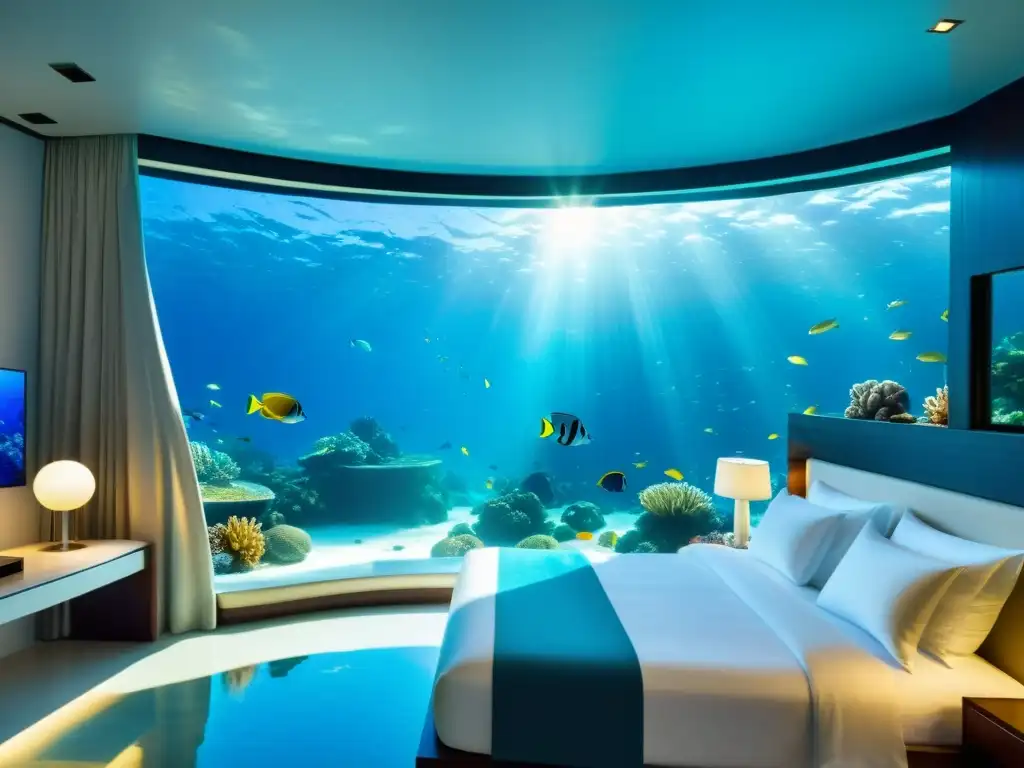 Suite submarina con vistas a arrecifes de coral Un hotel subacuático con ventanales panorámicos que muestran arrecifes de coral coloridos llenos de vida marina