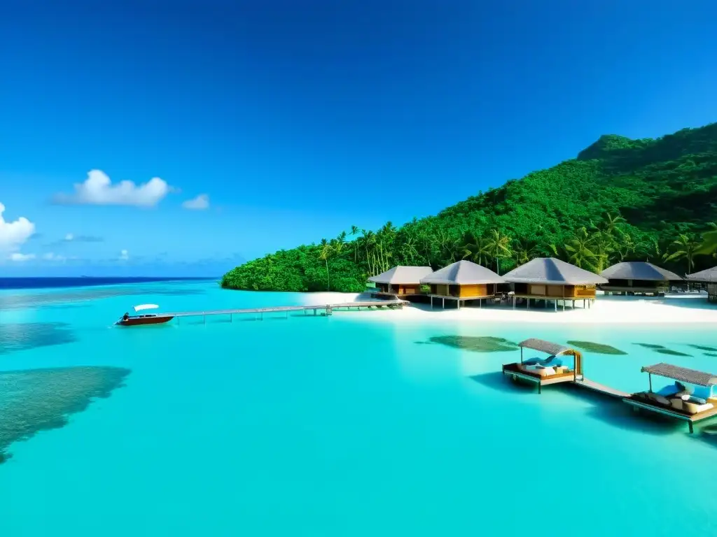 Hotel flotante de lujo en isla tropical: paraíso exclusivo Hoteles flotantes en islas remotas: lujoso hotel flotante en aguas turquesas, con bungalows sobre el agua y palmeras en una isla paradisíaca