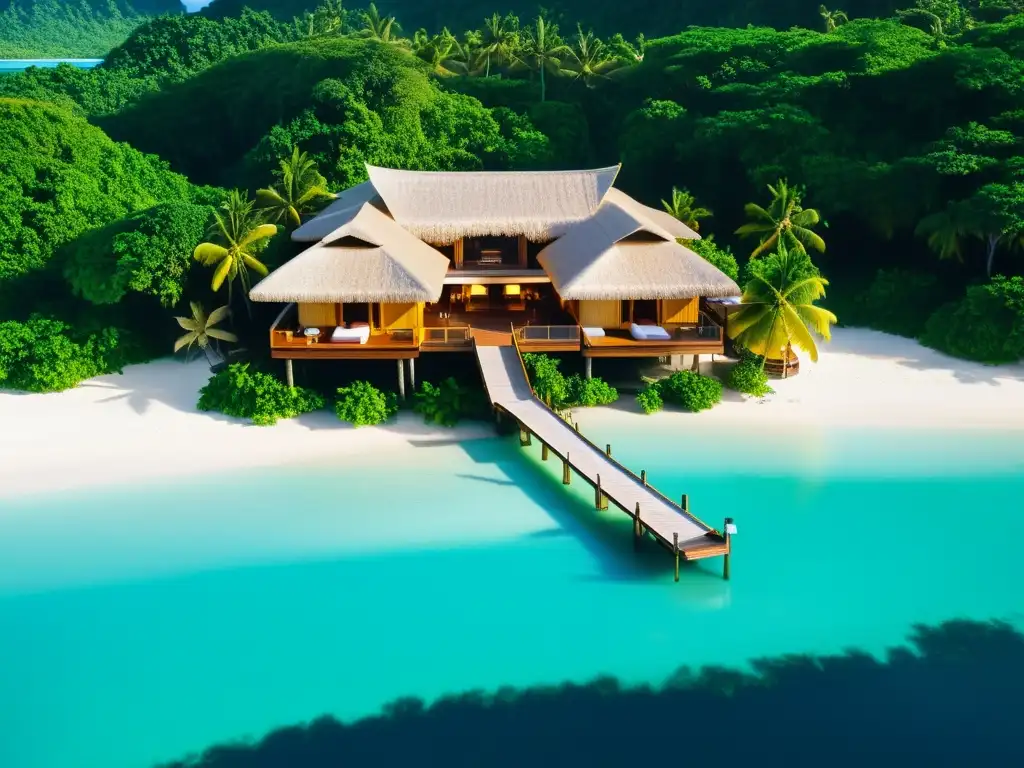 Hotel flotante de lujo en isla tropical remota Hoteles flotantes en islas remotas: lujoso hotel flotante en aguas cristalinas, rodeado de exuberante vegetación y bungalows sobre el agua