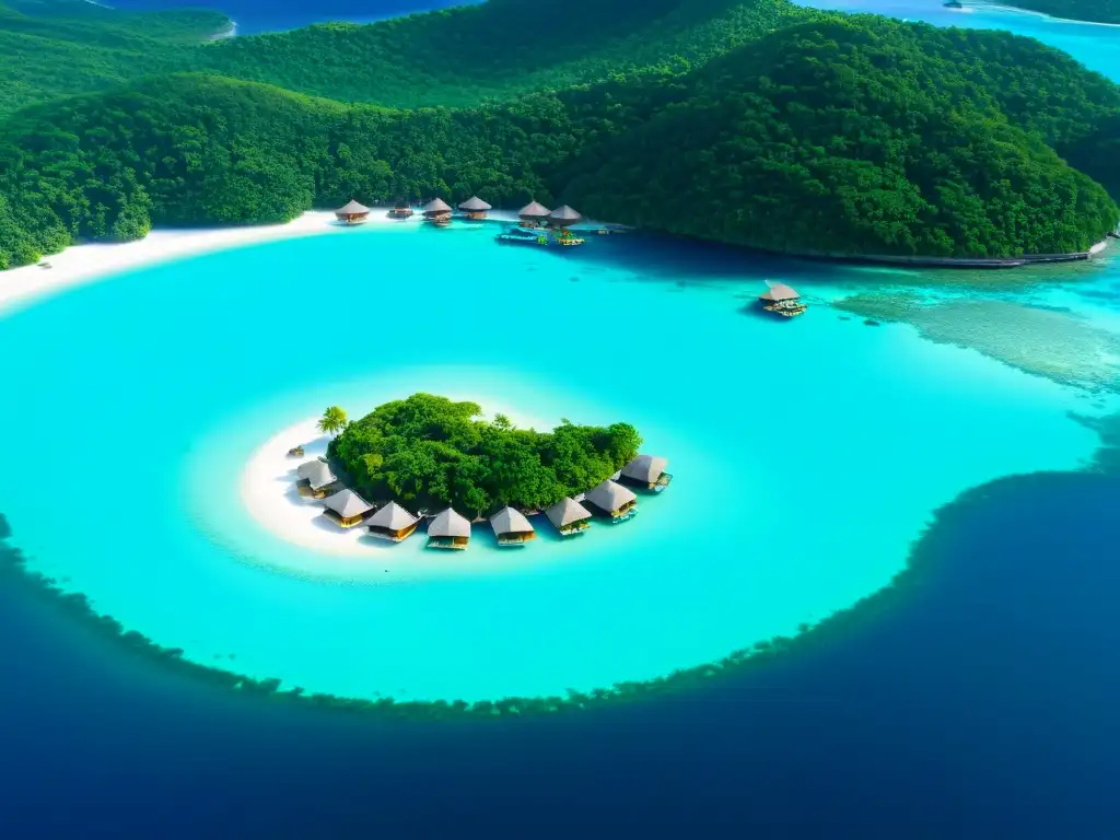 Hotel flotante de lujo en paraíso tropical Hoteles flotantes islas remotas: Vista aérea de un lujoso hotel flotante en aguas cristalinas de una isla tropical remota